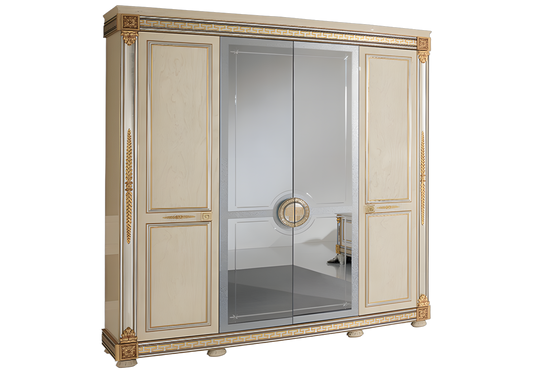 Armoire 4 portes blanc laqué et doré avec miroirs - Liberty