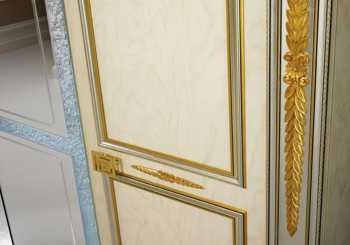 Armoire 4 portes blanc laqué et doré avec miroirs - Liberty