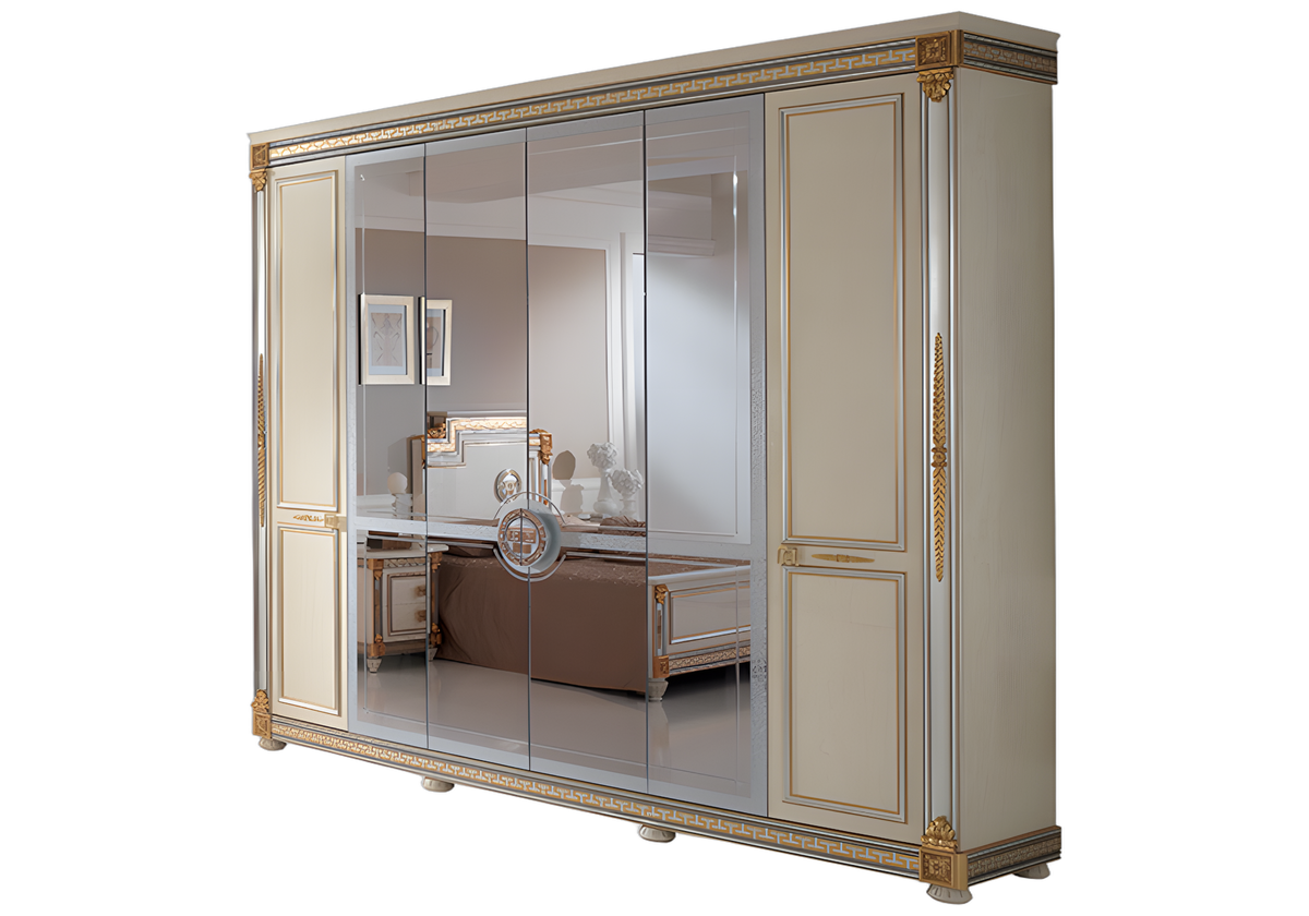 Armoire 6 portes blanc laqué et doré avec miroirs - Liberty