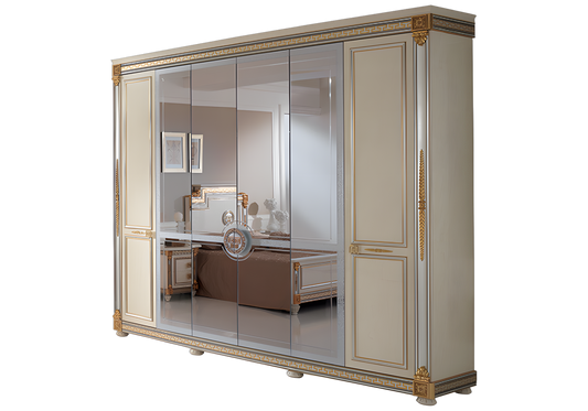 Armoire 6 portes blanc laqué et doré avec miroirs - Liberty
