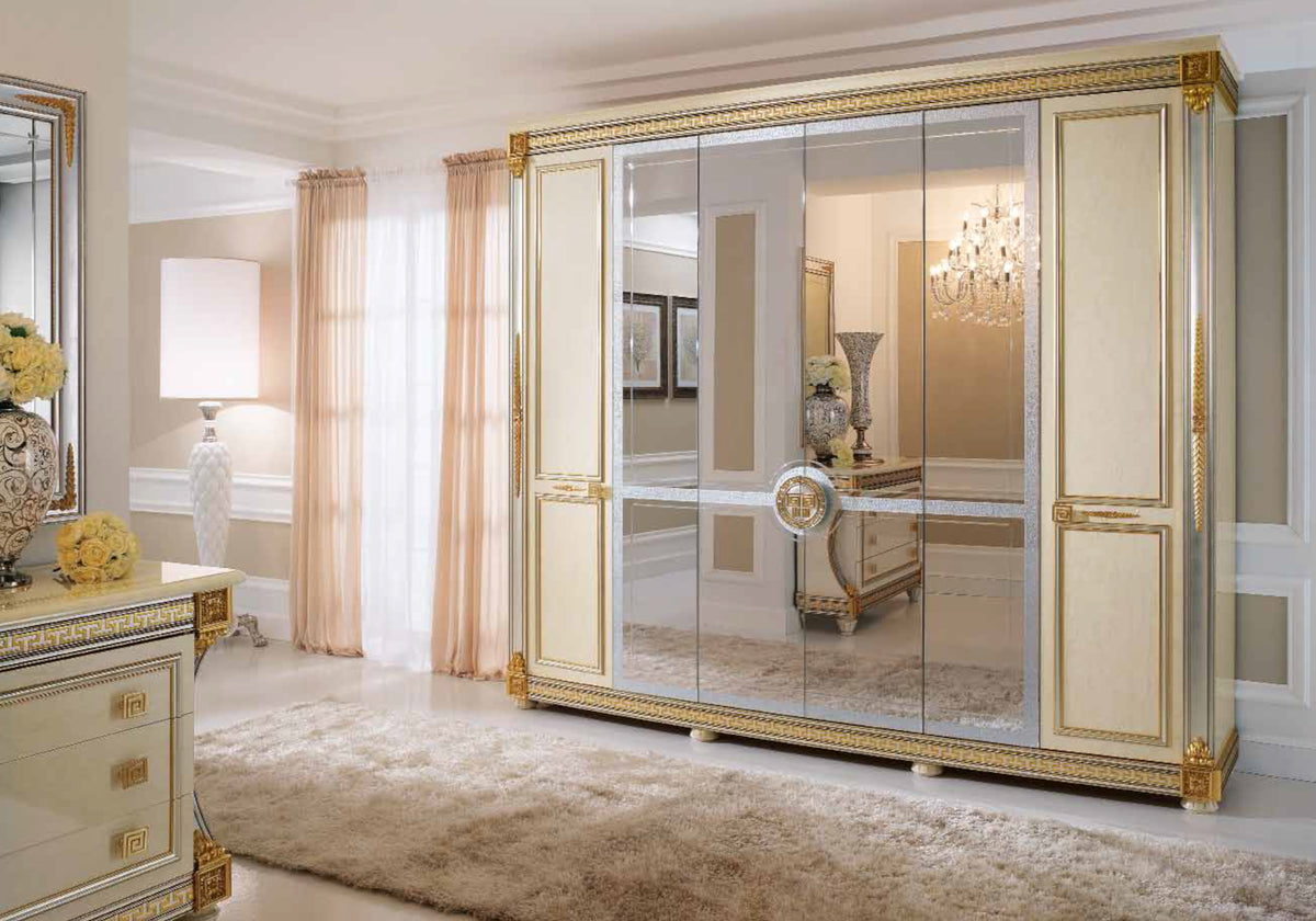Armoire 6 portes blanc laqué et doré avec miroirs - Liberty
