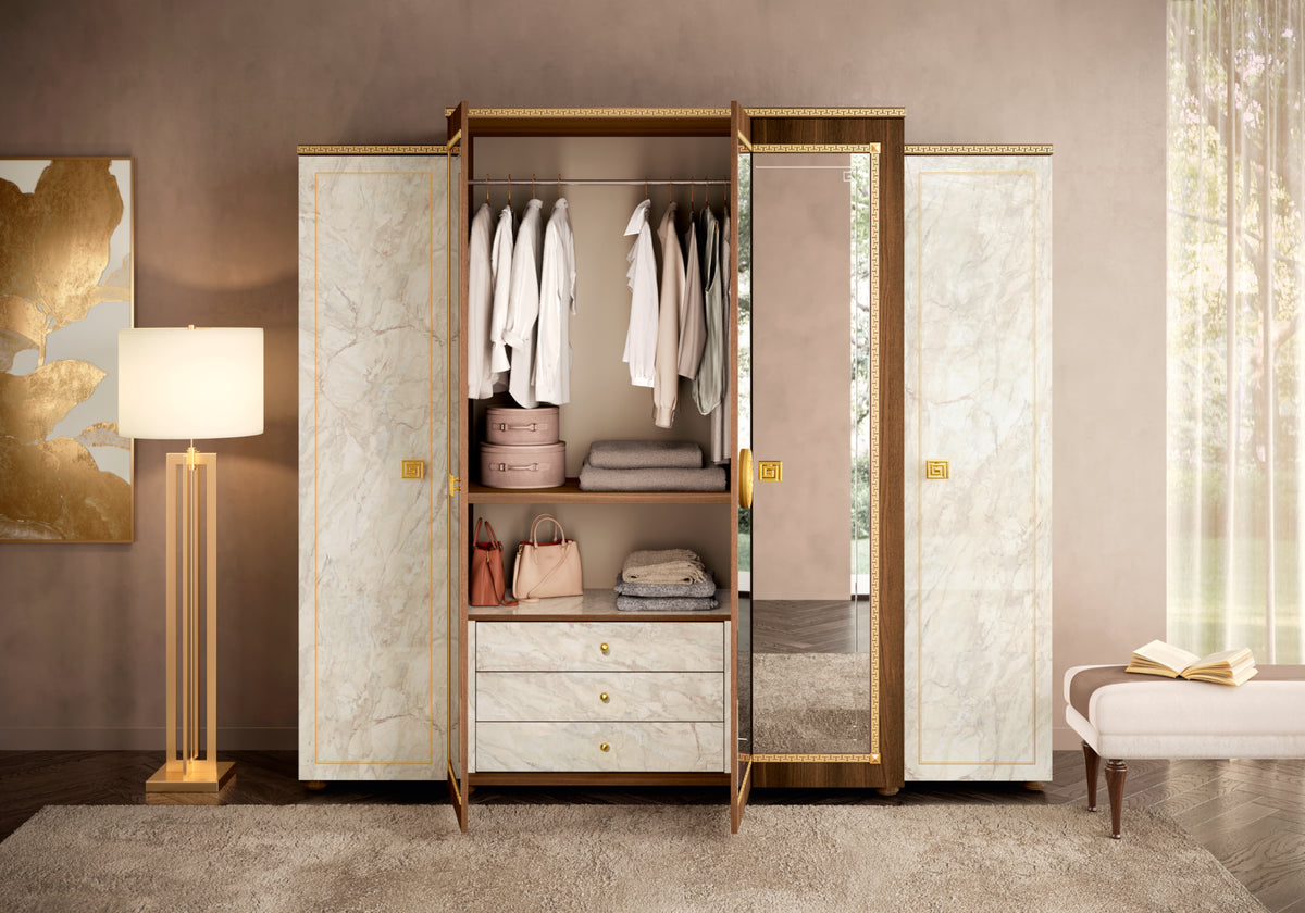 Armoire 5 portes miroir marbre noyer et or 24K - Romantica
