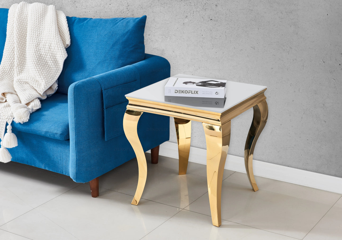 Table verre blanc et chaises simili-cuir noir doré – NEO