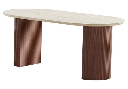 Table ovale travertin et chaises bois beige - TERRA Galerie du Mobilier