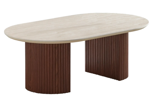 Table ovale travertin et chaises bois beige - TERRA Galerie du Mobilier