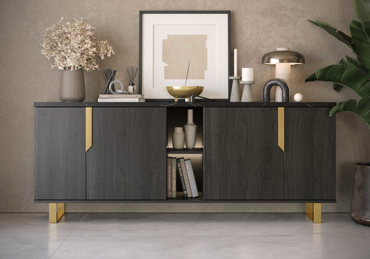 Buffet 3 portes LED bois et marbre noir - Orion