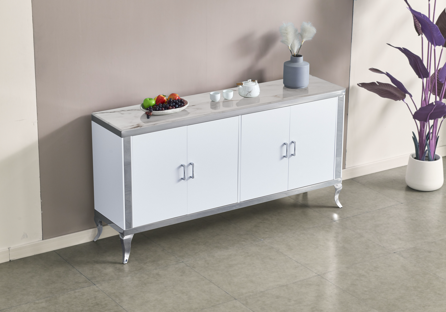 Buffet 4 portes marbre beige argent – Neo