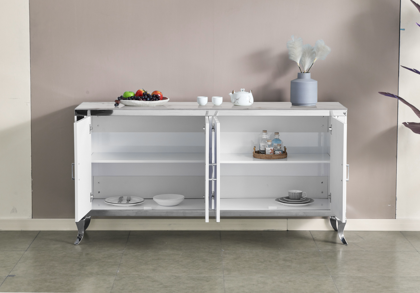 Buffet 4 portes marbre beige argent – Neo