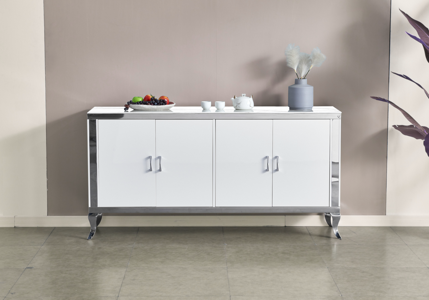 Buffet 4 portes marbre blanc argent – Neo