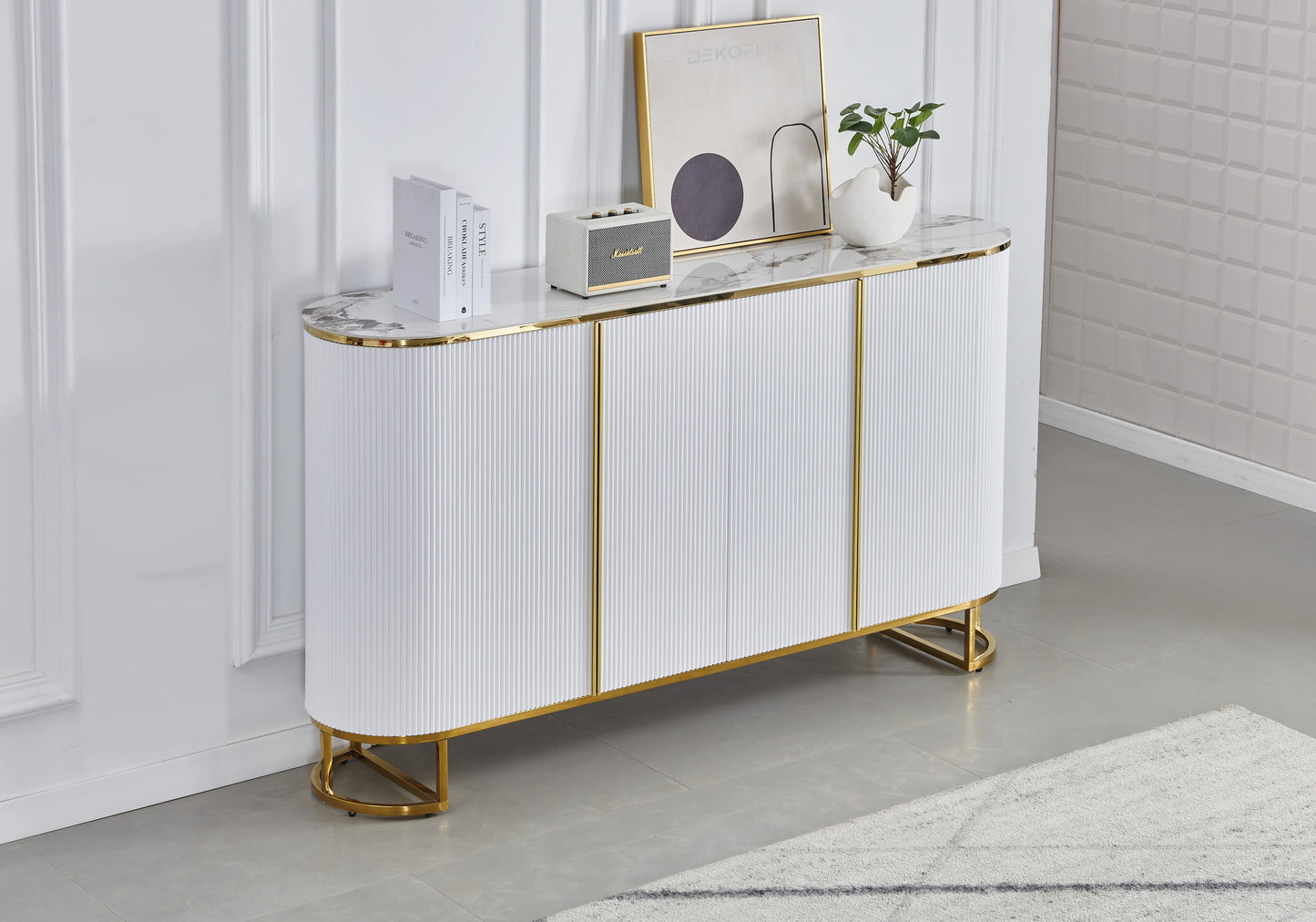 Buffet ovale cannelé marbre beige doré - NALIA