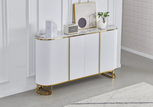 Buffet ovale cannelé marbre beige doré - NALIA