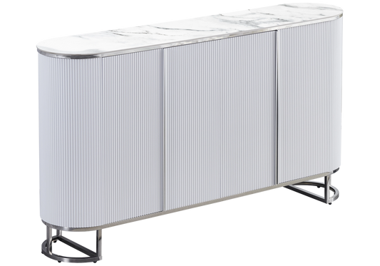 Buffet ovale cannelé marbre blanc chromé - NALIA