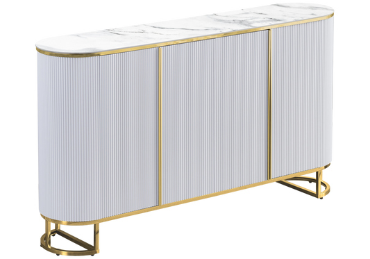 Buffet ovale cannelé marbre blanc doré - NALIA