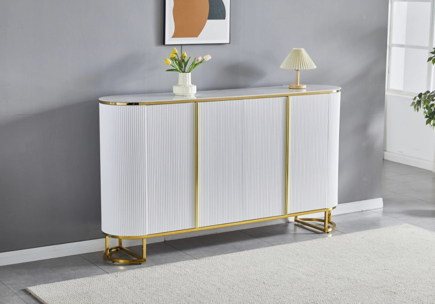 Buffet ovale cannelé marbre blanc doré - NALIA