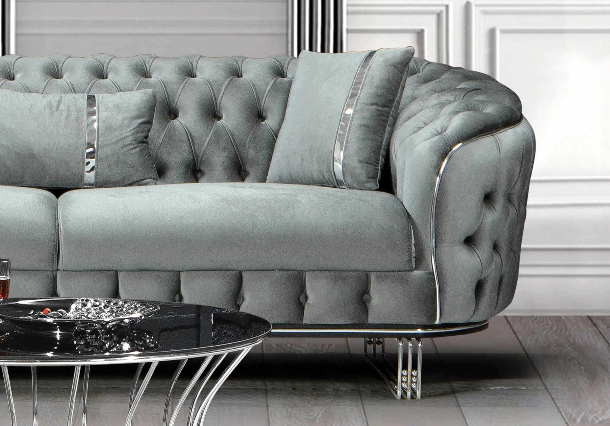 Canapé Turc Angle Capitonné Velours Gris Doré Chesterfield – PARIS DEKOFLIX