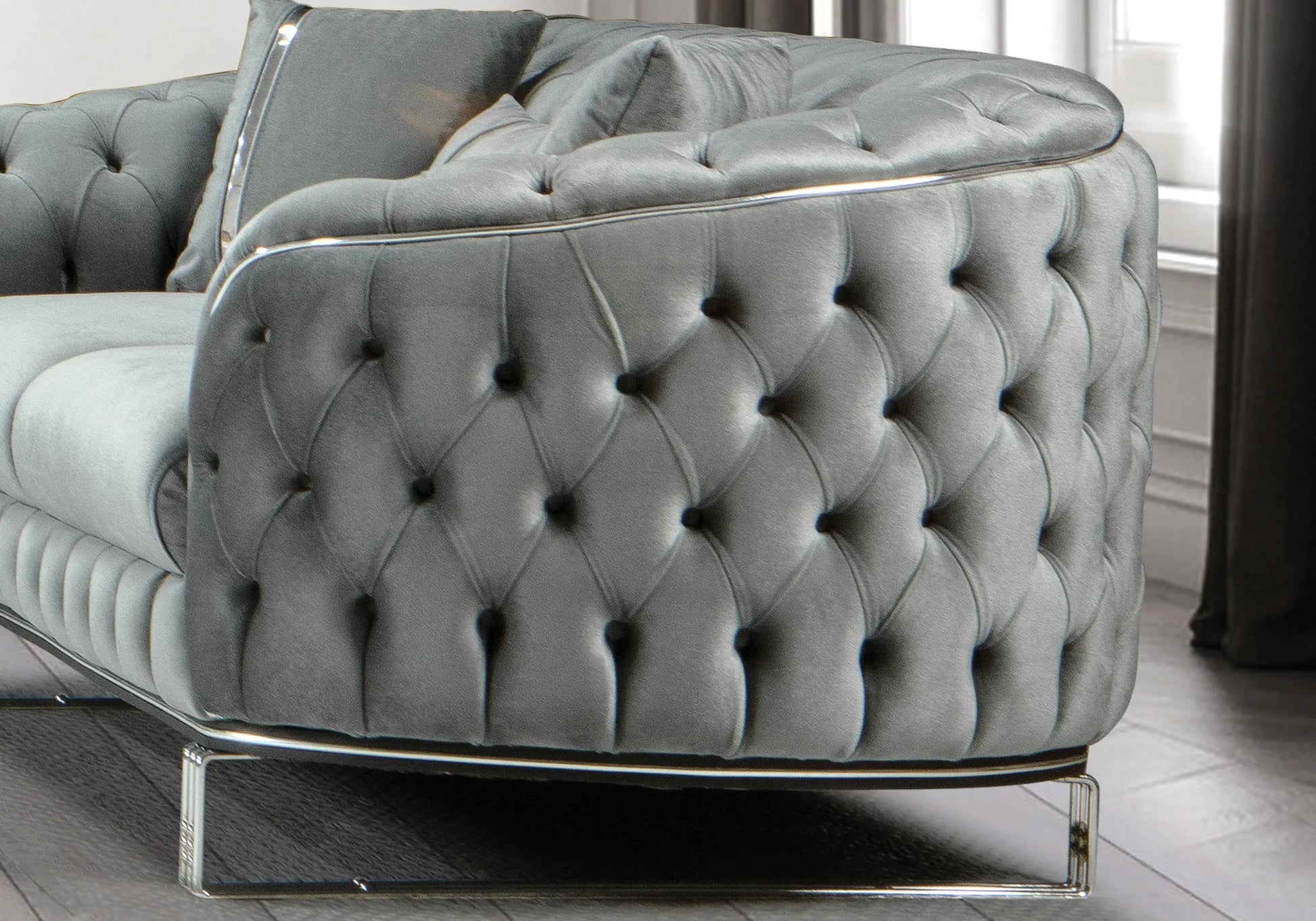 Canapé Turc Angle Capitonné Velours Gris Doré Chesterfield – PARIS DEKOFLIX