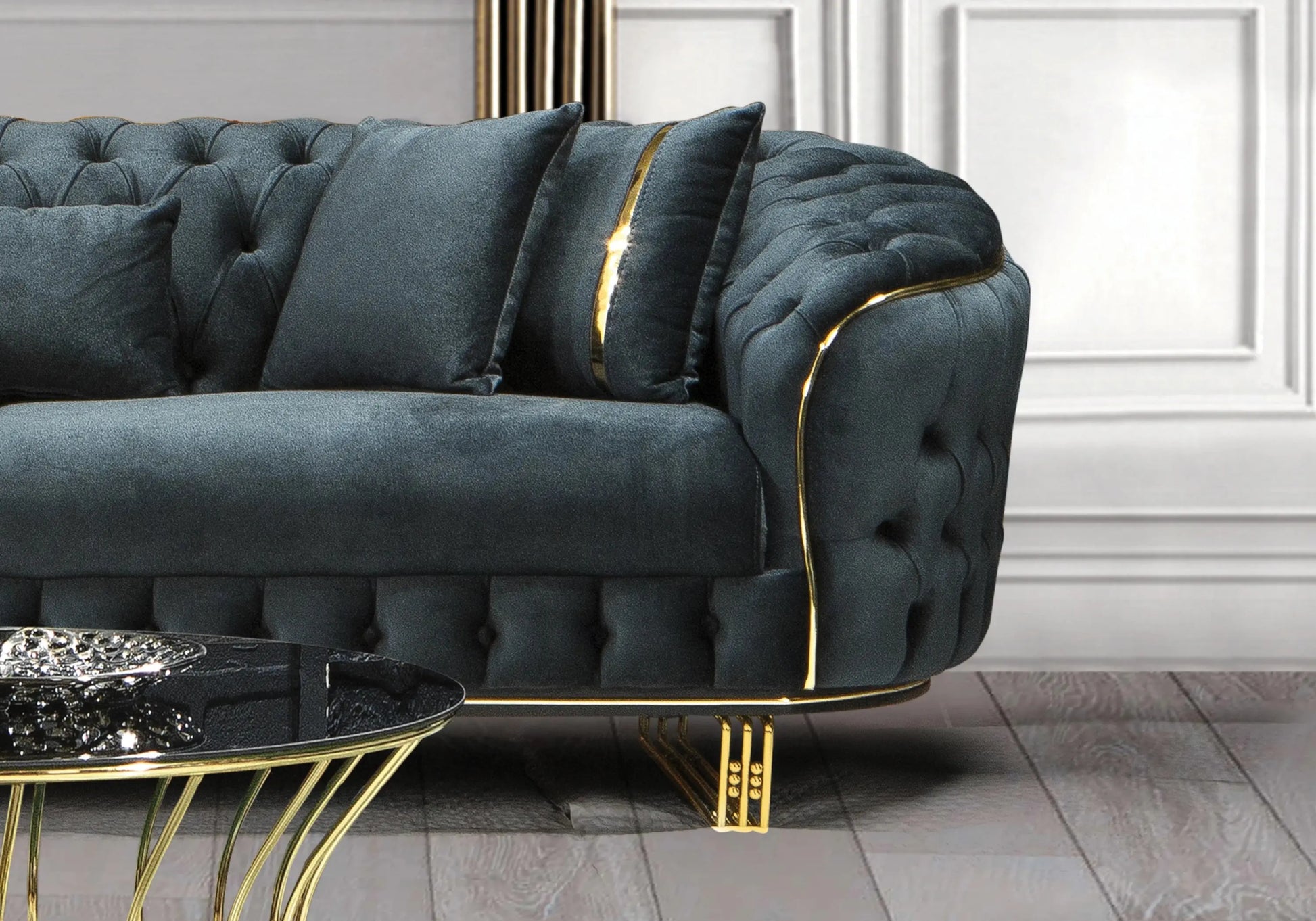 Canapé Turc Capitonné Velours Anthracite Doré Chesterfield – PARIS (Copie) DEKOFLIX