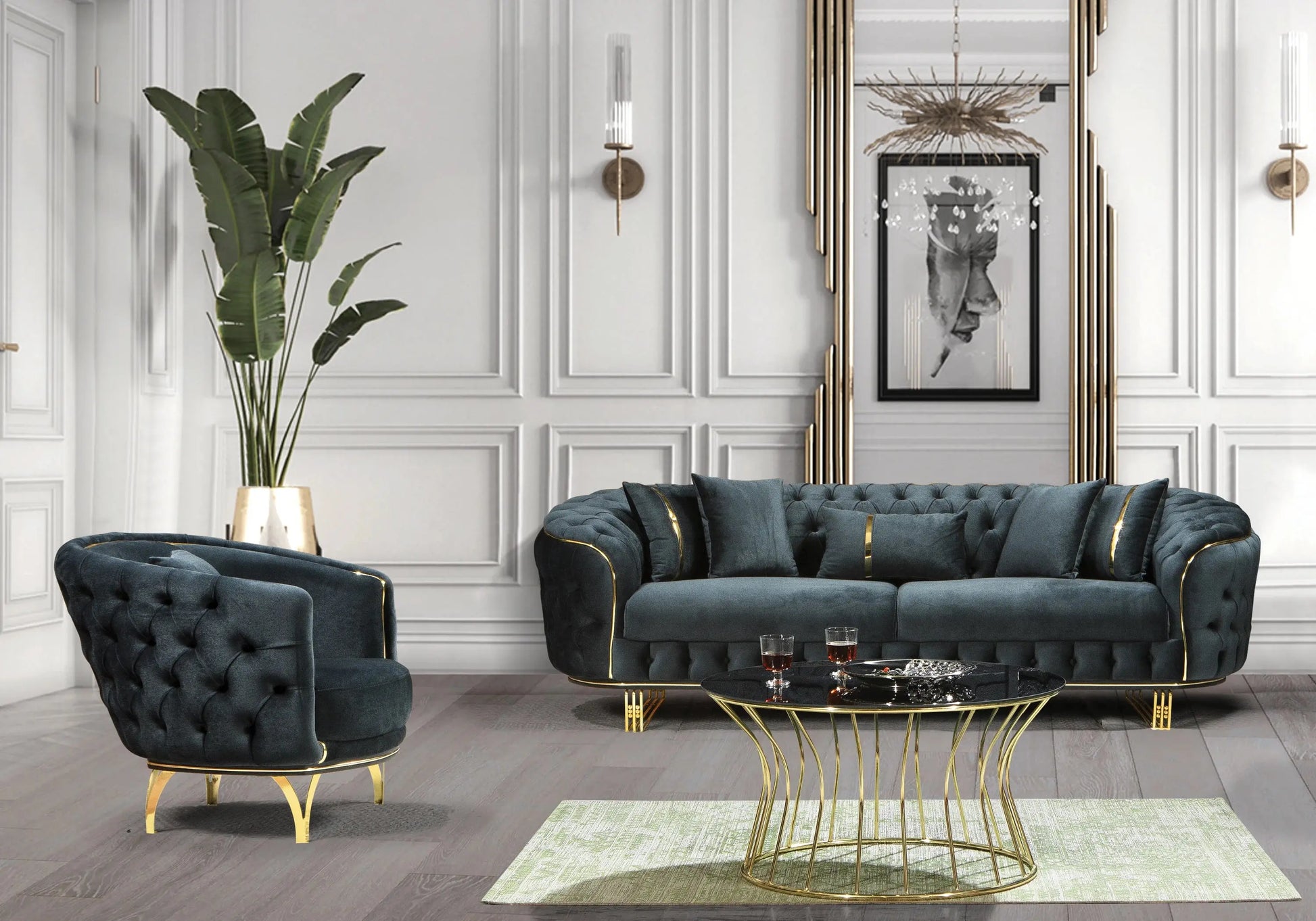 Canapé Turc Capitonné Velours Anthracite Doré Chesterfield – PARIS (Copie) DEKOFLIX