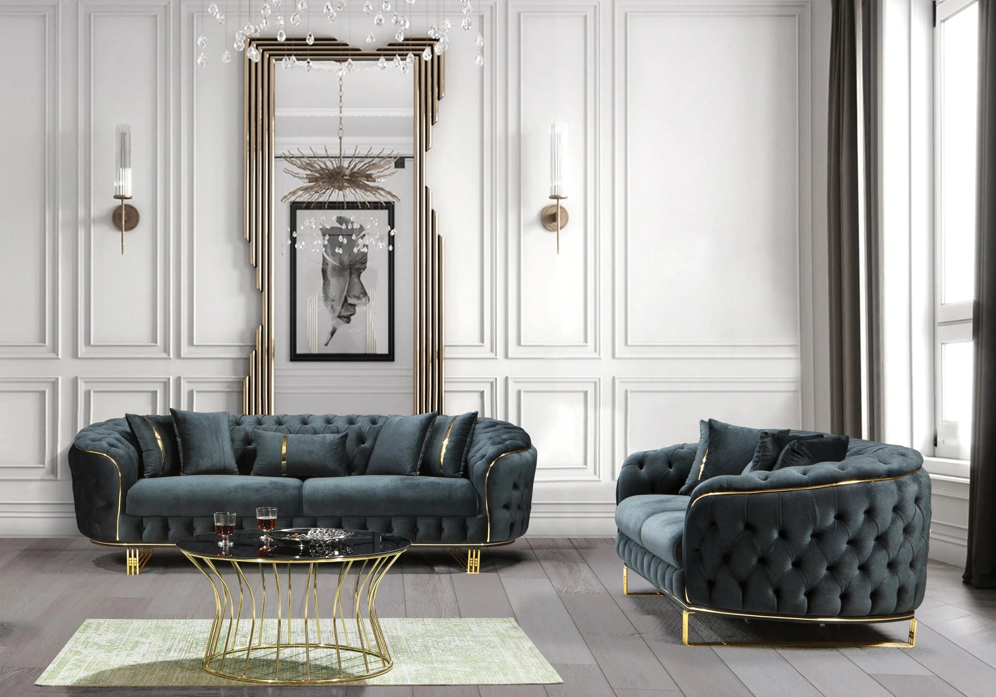 Canapé Turc Capitonné Velours Anthracite Doré Chesterfield – PARIS (Copie) DEKOFLIX