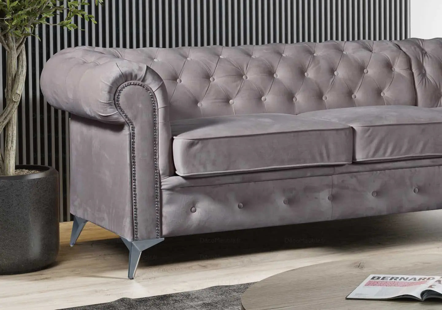 Canapé angle chesterfield velours gris HUGO - DEKOFLIX