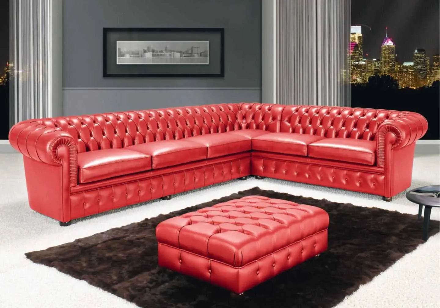 Canapé angle cuir rouge CHESTERFIELD - DEKOFLIX