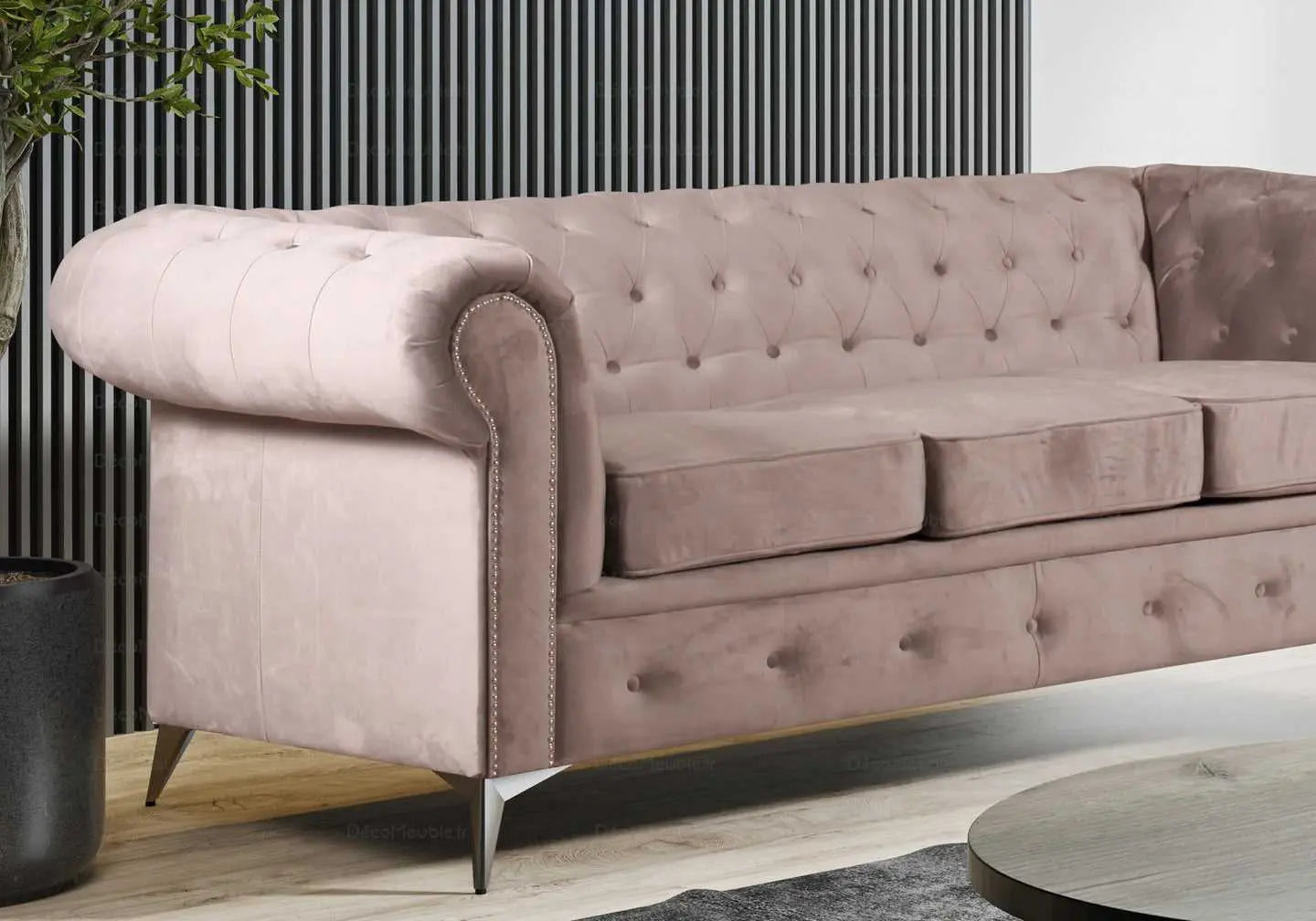 Canapé chesterfield velours beige HUGO - DEKOFLIX