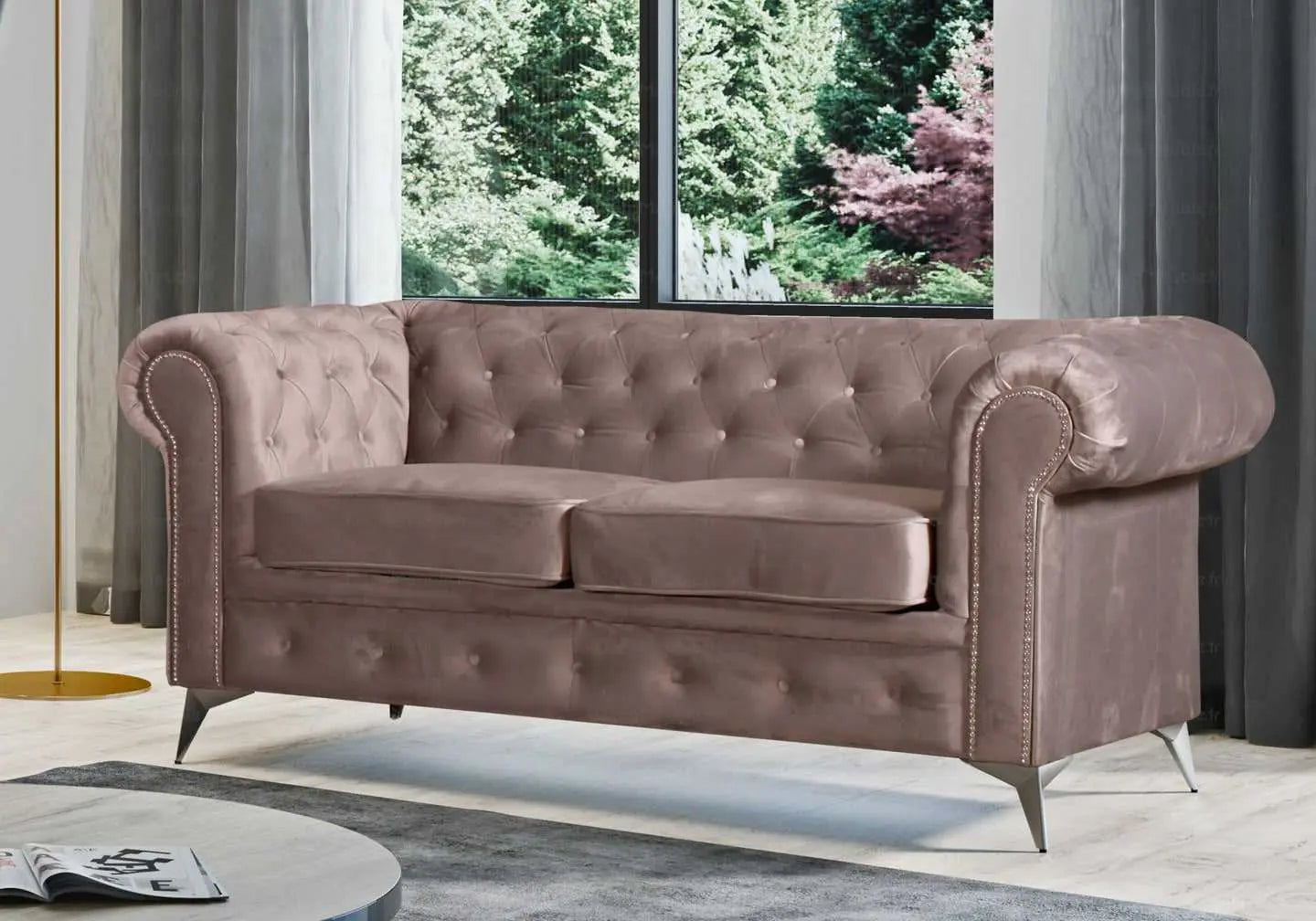 Canapé chesterfield velours beige HUGO - DEKOFLIX