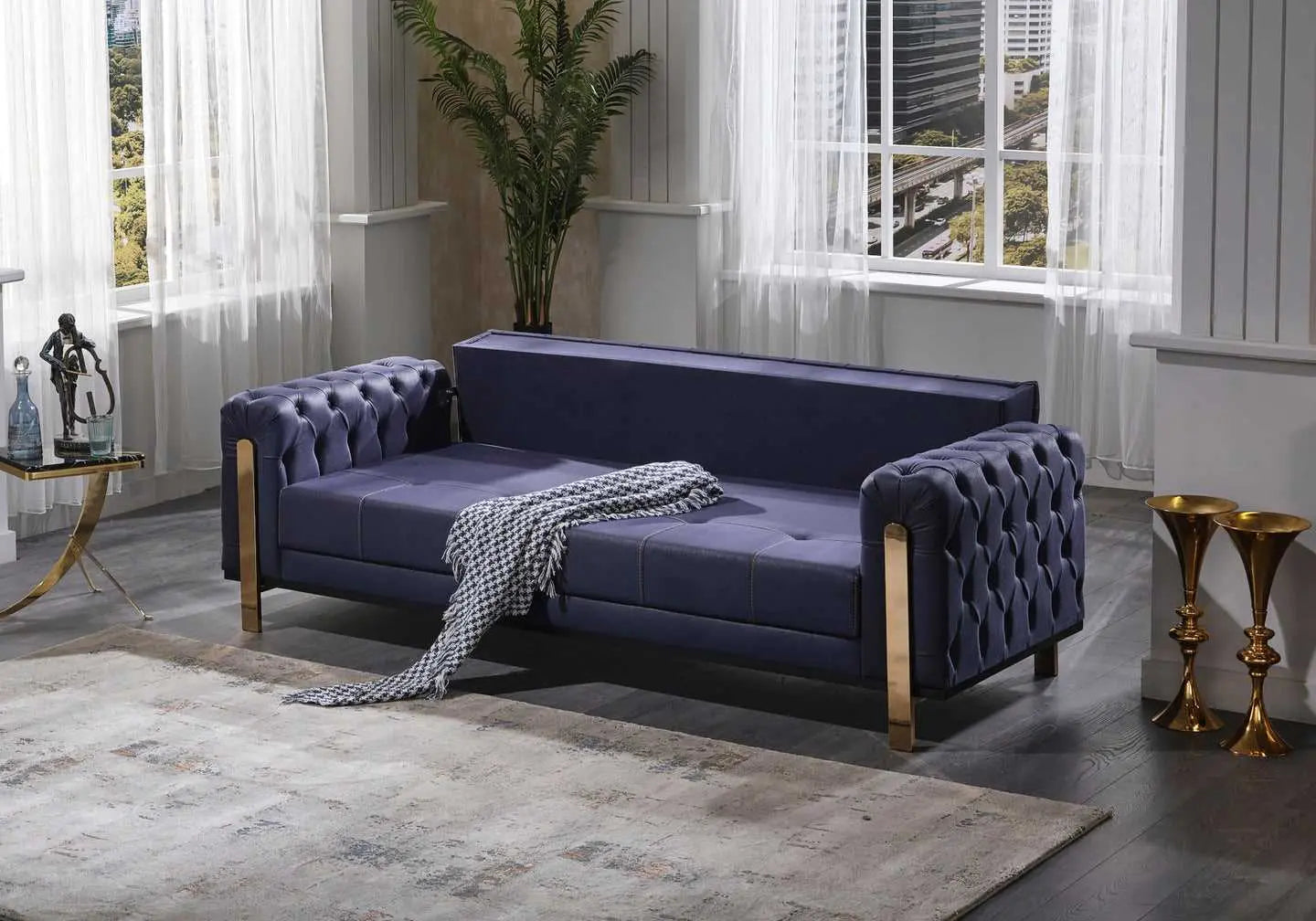 Canapé chesterfield velours bleu BUGATTI - DEKOFLIX