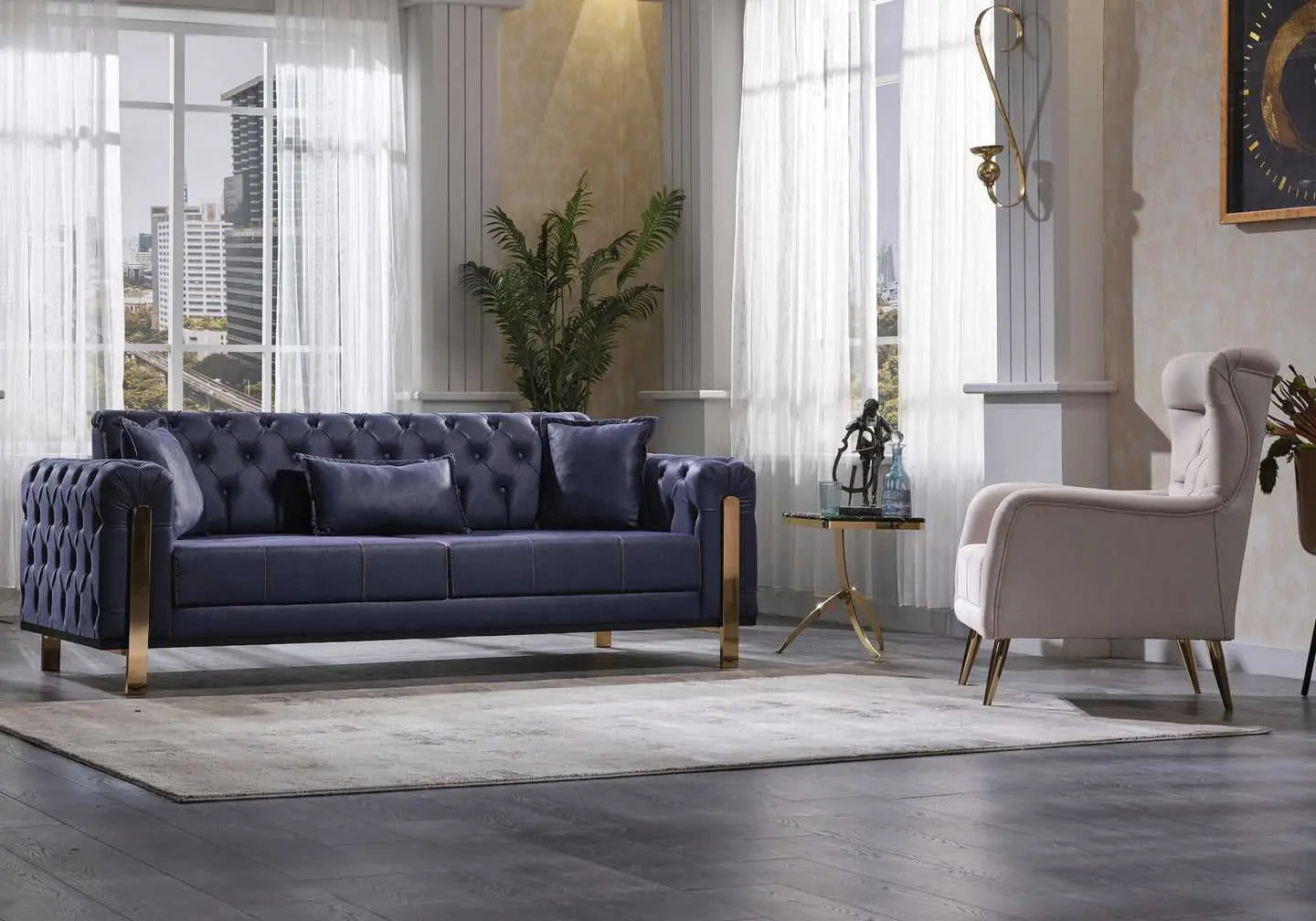 Canapé chesterfield velours bleu BUGATTI - DEKOFLIX