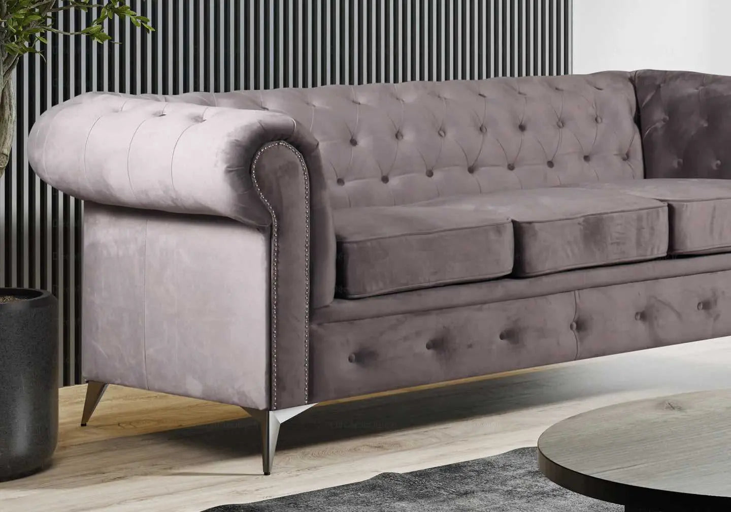 Canapé chesterfield velours gris HUGO - DEKOFLIX