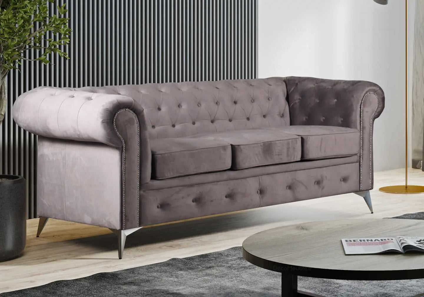 Canapé chesterfield velours gris HUGO - DEKOFLIX