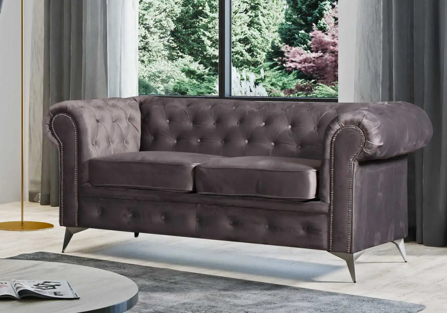 Canapé chesterfield velours gris HUGO - DEKOFLIX