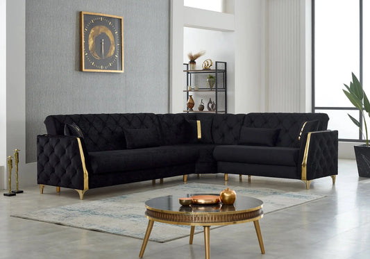 Canapé d’angle chester noir GALA dans un salon moderne