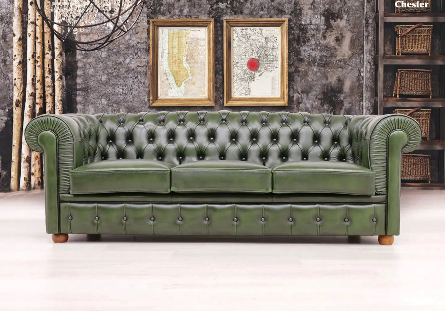 Canapé vintage cuir vert CHESTERFIELD S.T. Italy