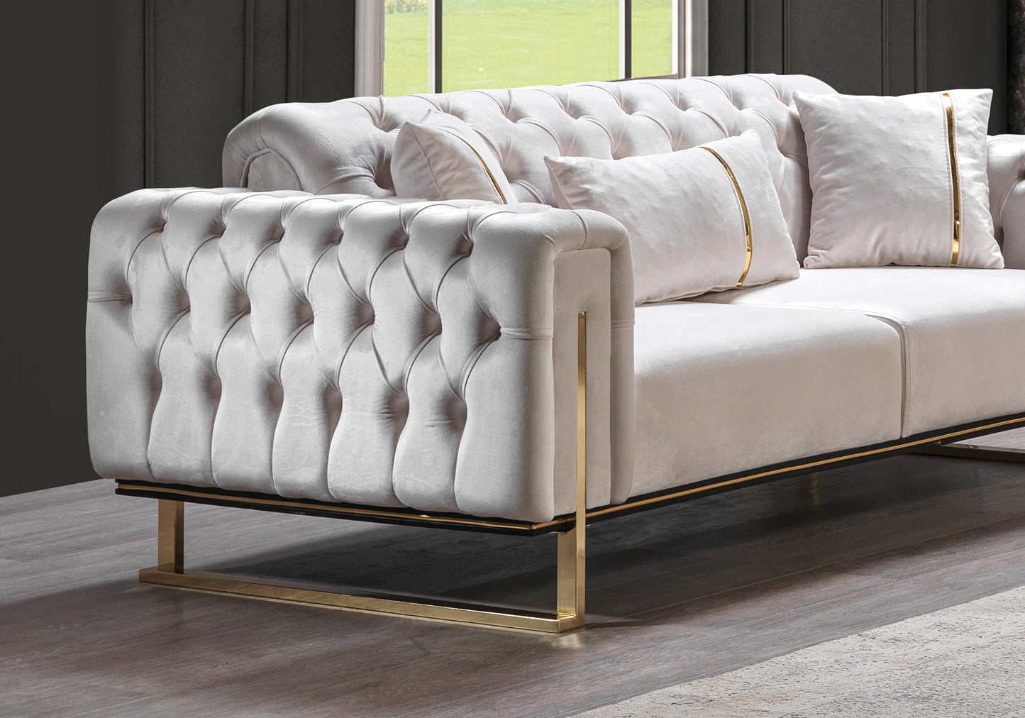 Canapé Turc Capitonné Velours Beige Doré Chesterfield - INCI