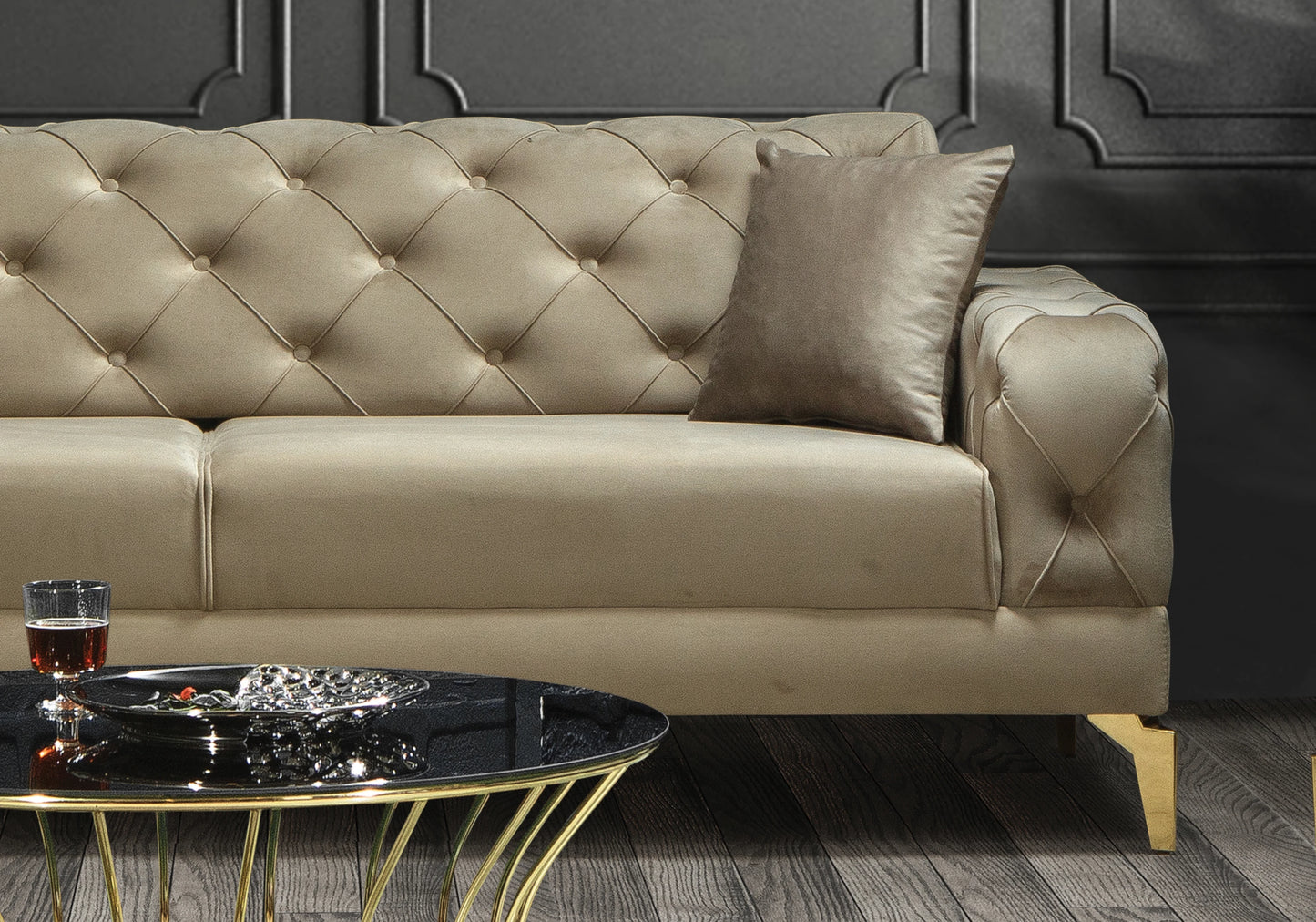 Canapé Turc Capitonné Velours Beige Doré Chesterfield – ELLA