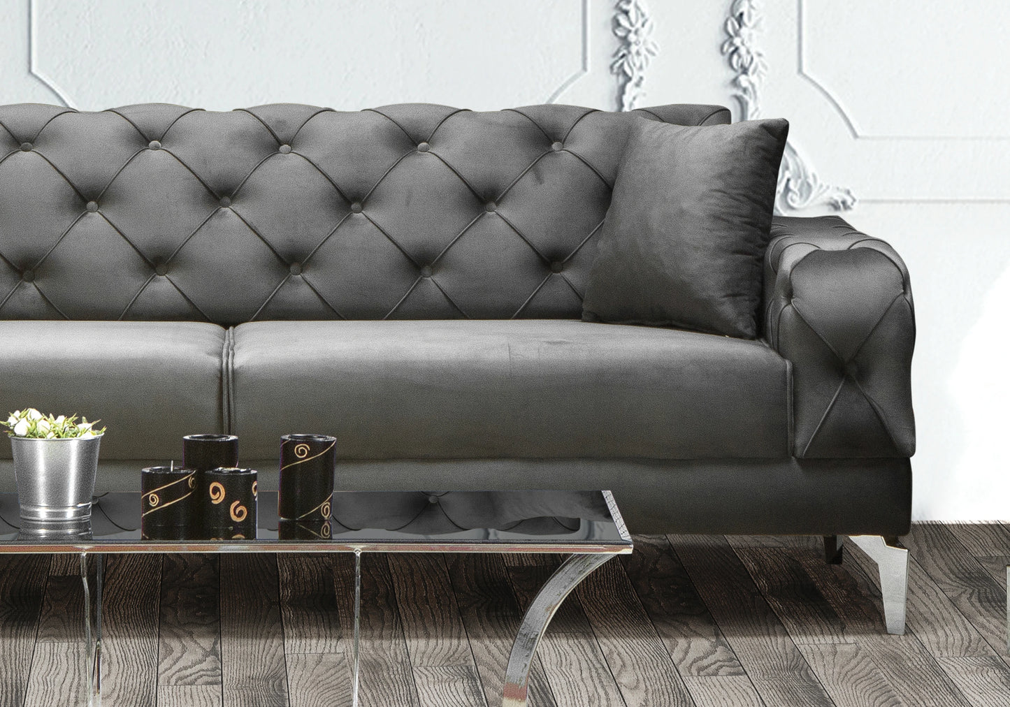 Canapé Turc Capitonné Velours Gris Argent Chesterfield – ELLA