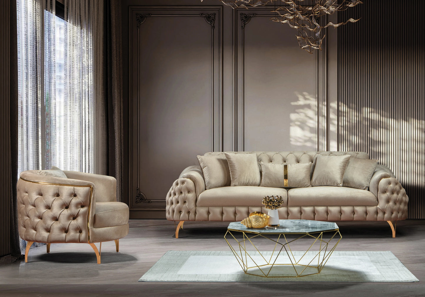 Canapé Turc Capitonné Velours Beige Doré – BELLA