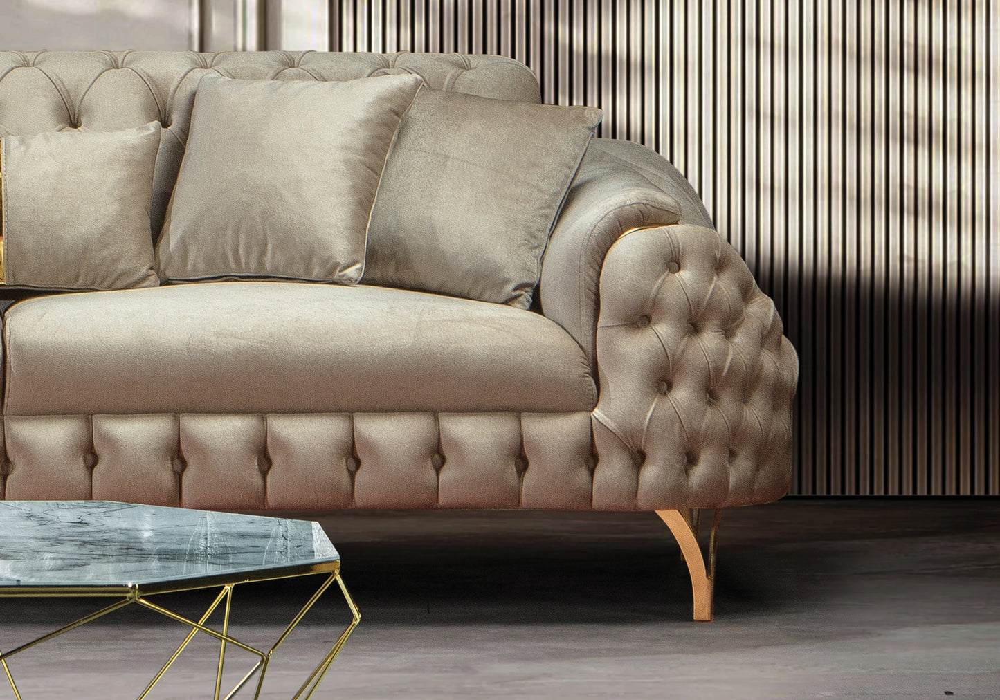 Canapé Turc Capitonné Velours Beige Doré – BELLA