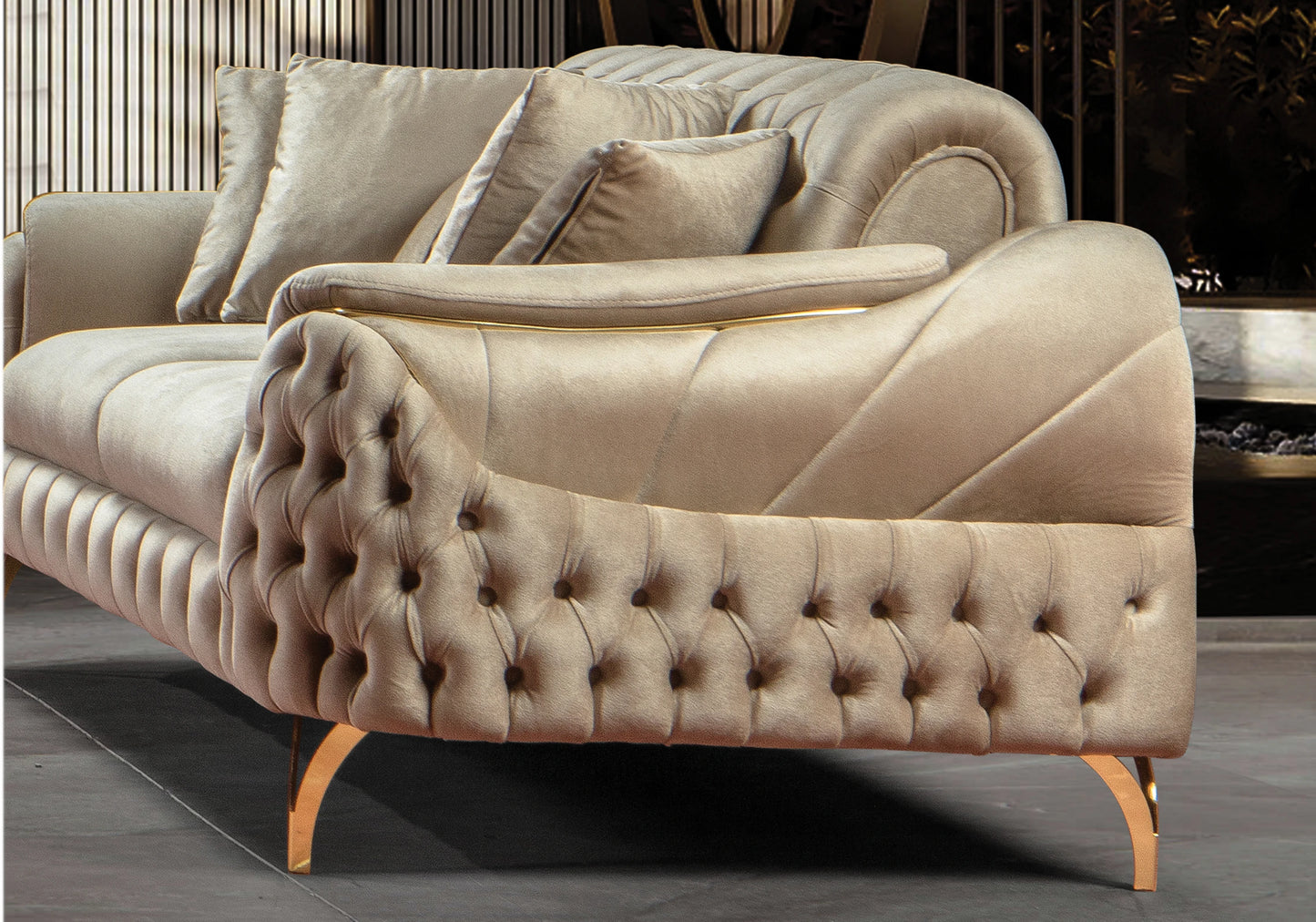 Canapé Turc Capitonné Velours Beige Doré – BELLA