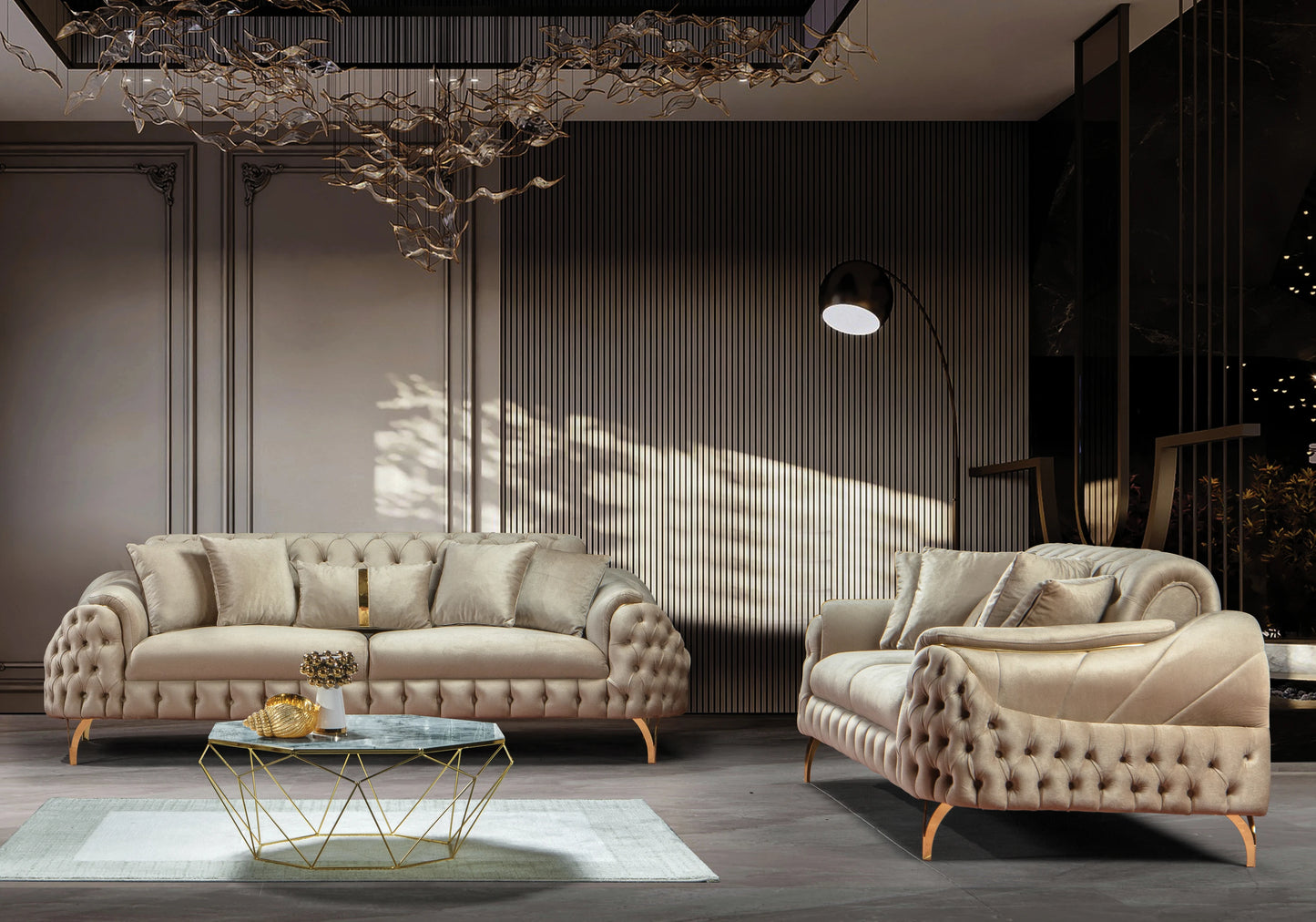 Canapé Turc Capitonné Velours Beige Doré – BELLA