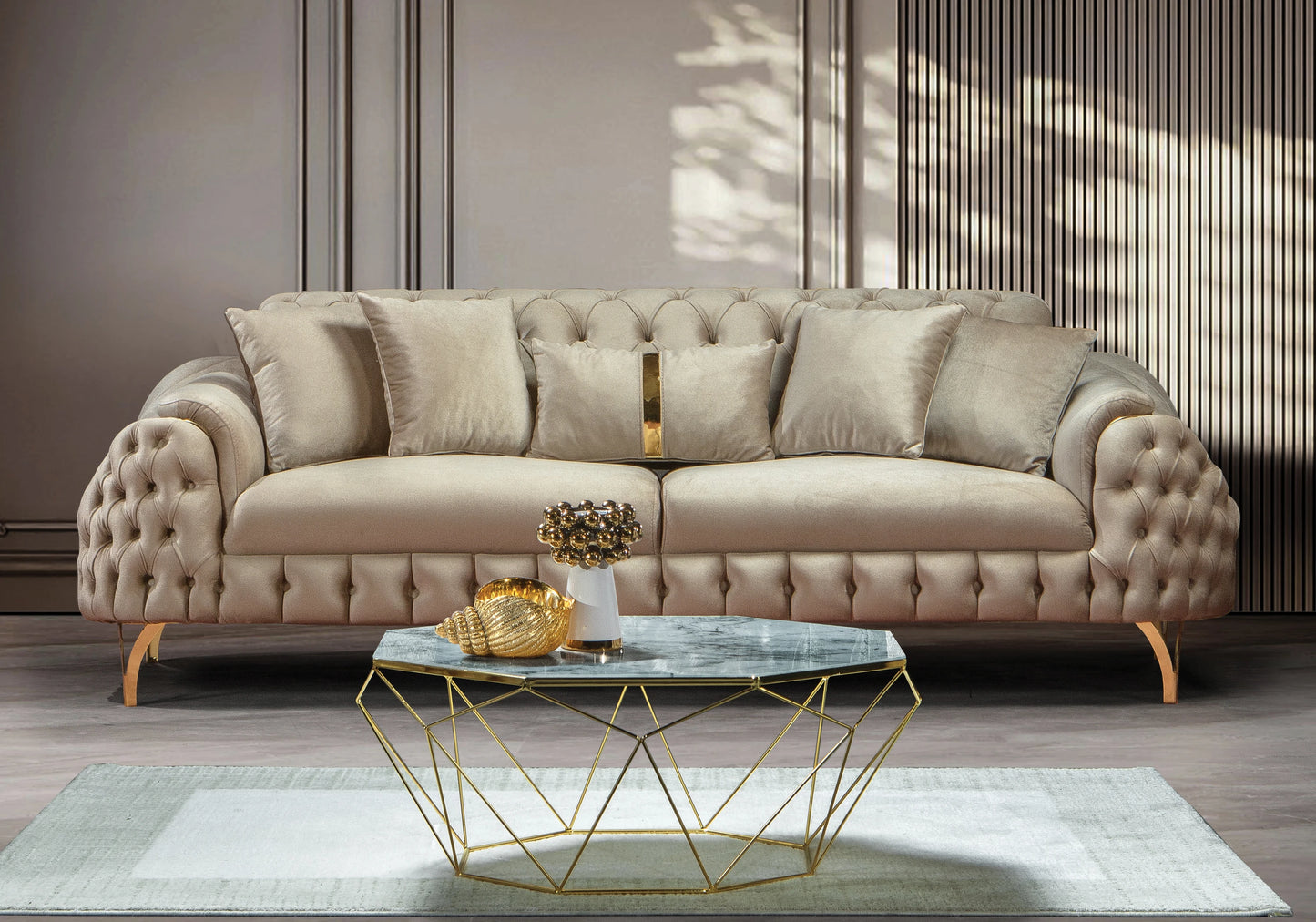 Canapé Turc Capitonné Velours Beige Doré – BELLA