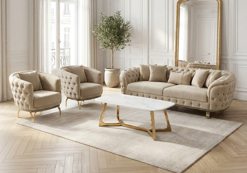 Canapé Turc capitonné velours beige et doré – Paris