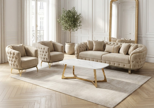 Canapé Turc capitonné velours beige et doré – Paris