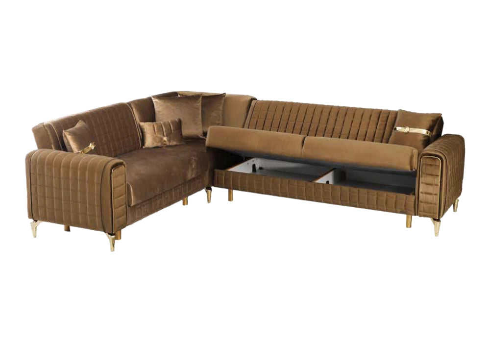 Canapé d'angle velours camel convertible coffre – ATLAS