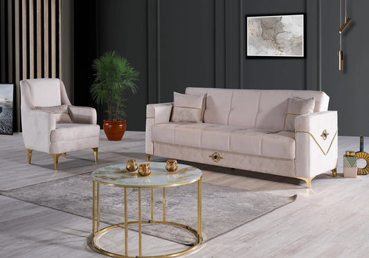 Canapé velours beige convertible avec coffre – MADRID