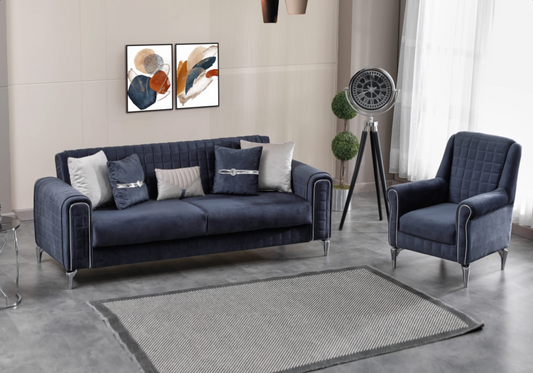 Canapé velours bleu nuit convertible coffre – ATLAS