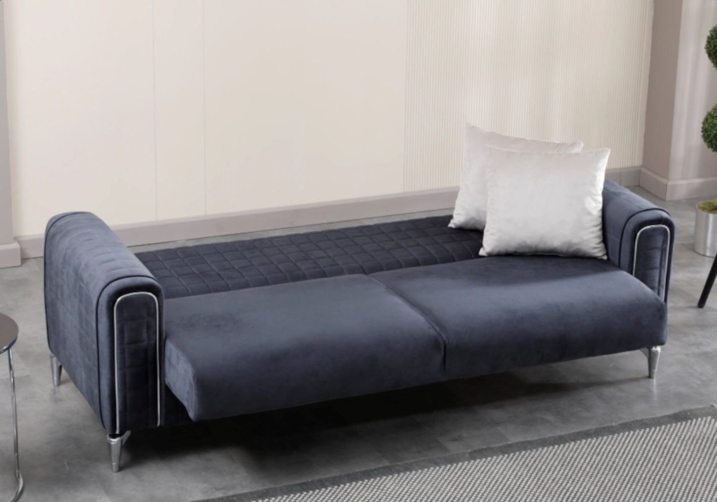 Canapé velours bleu nuit convertible coffre – ATLAS