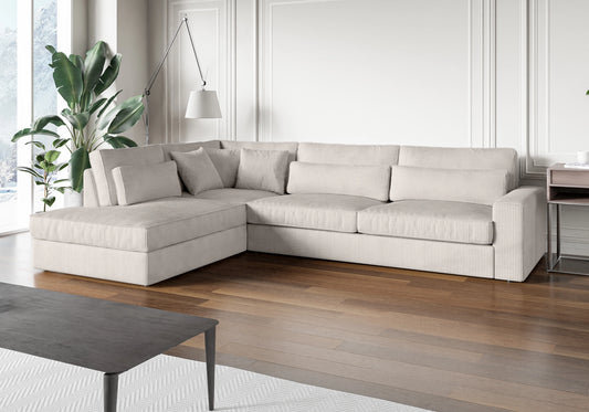 Canapé d'angle côtelé écru ENA : Un choix élégant et confortable pour votre salon.