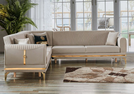Canapé d’angle velours beige convertible avec coffre – LOFT